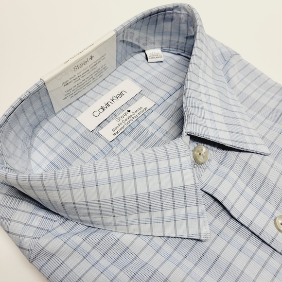 Calvin Klein STEEL+ Slim-Fit Non-Iron Stretch Blue Check Dress Shirt 17 32/33 XL - Picture 11 of 14
